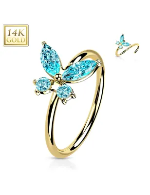 Piercing nez anneau Or jaune 14 carats papillon zircon turquoise