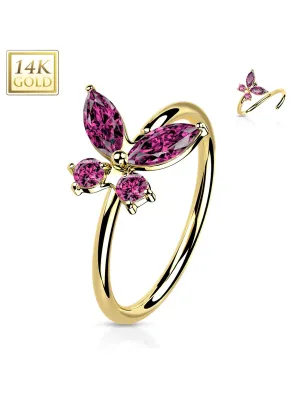 Piercing nez anneau Or jaune 14 carats papillon zircon rouge