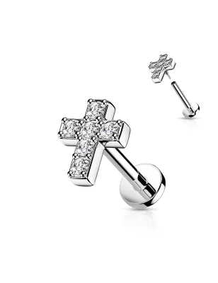 Piercing oreille labret acier croix pavée