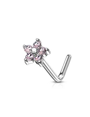 Piercing nez tige en L fleur cinq gemmes rose