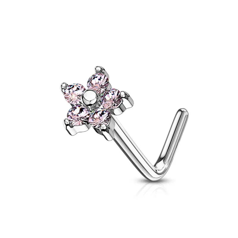 Piercing nez tige en L fleur cinq gemmes rose