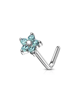 Piercing nez tige en L fleur cinq gemmes turquoise