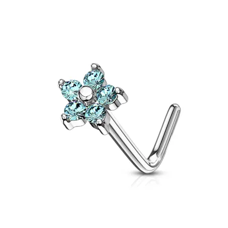 Piercing nez tige en L fleur cinq gemmes turquoise