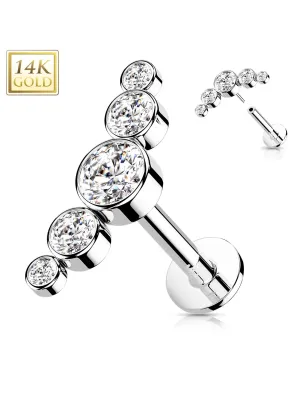 Piercing labret oreille or blanc 14 carats cinq pierres incurvées