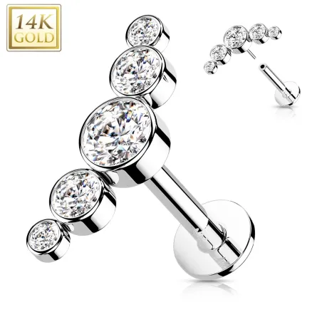 Piercing labret oreille or blanc 14 carats cinq pierres incurvées