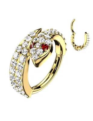 Piercing oreille anneau serpent doré strass rouge