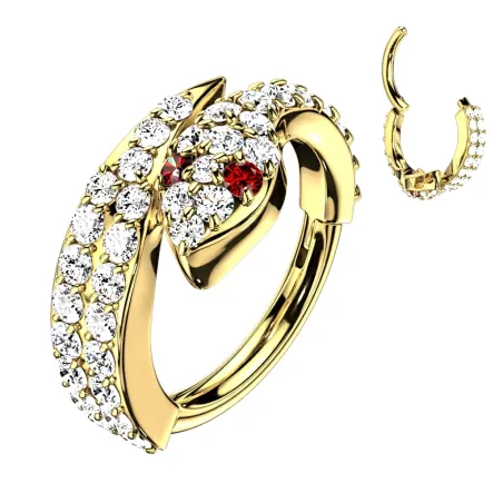 Piercing oreille anneau serpent doré strass rouge