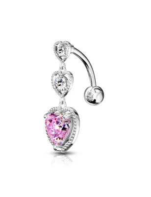 Piercing nombril inversé triple coeur strass blanc et rose