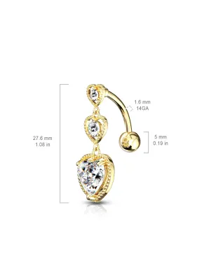 Piercing nombril inversé triple coeur strass plaqué or