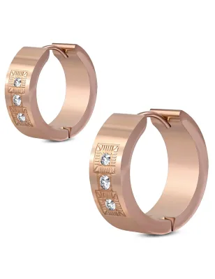 Paire boucles d'oreilles anneaux acier rosé trois strass