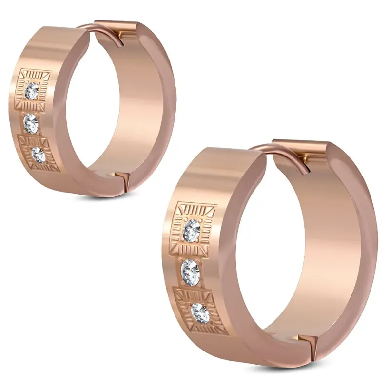 Paire boucles d'oreilles anneaux acier rosé trois strass