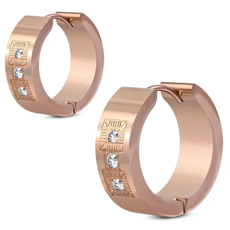 Paire boucles d'oreilles anneaux acier rosé trois strass