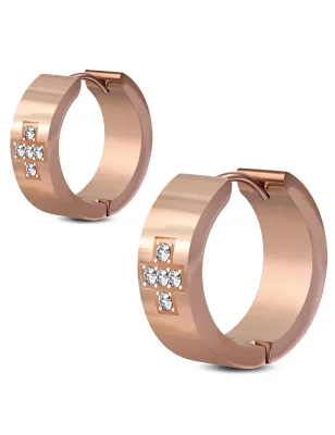 Paire boucles d'oreilles anneaux acier rosé cinq strass