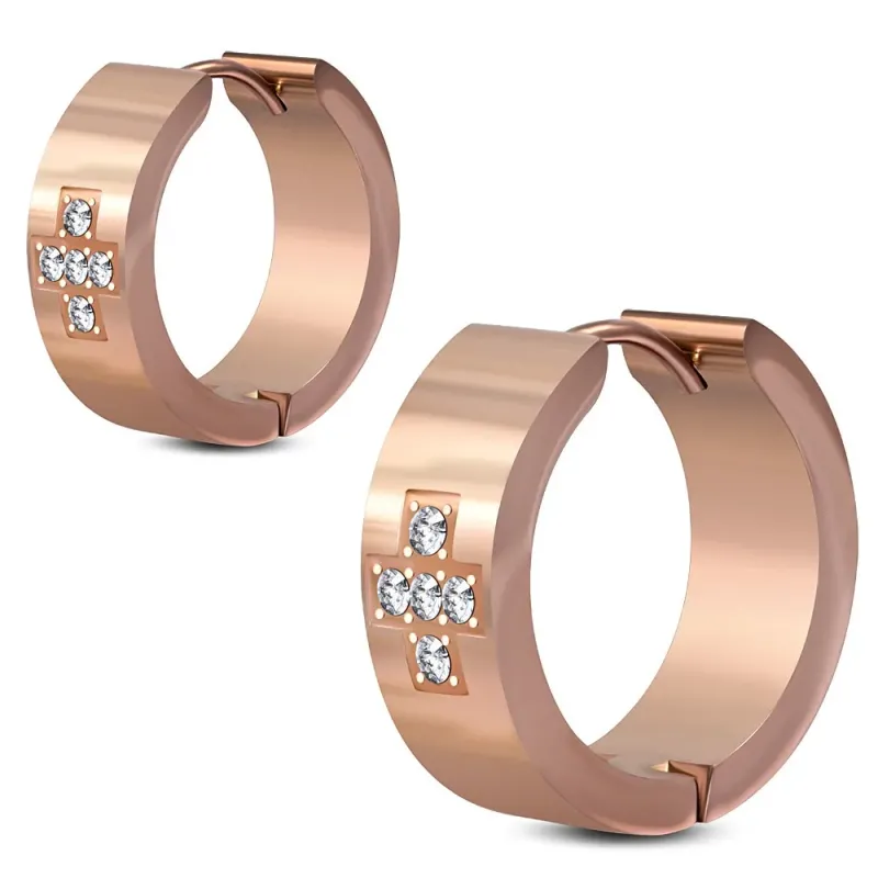 Paire boucles d'oreilles anneaux acier rosé cinq strass