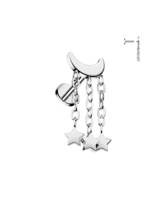 Piercing oreille labret en titane avec lune chaines et étoiles