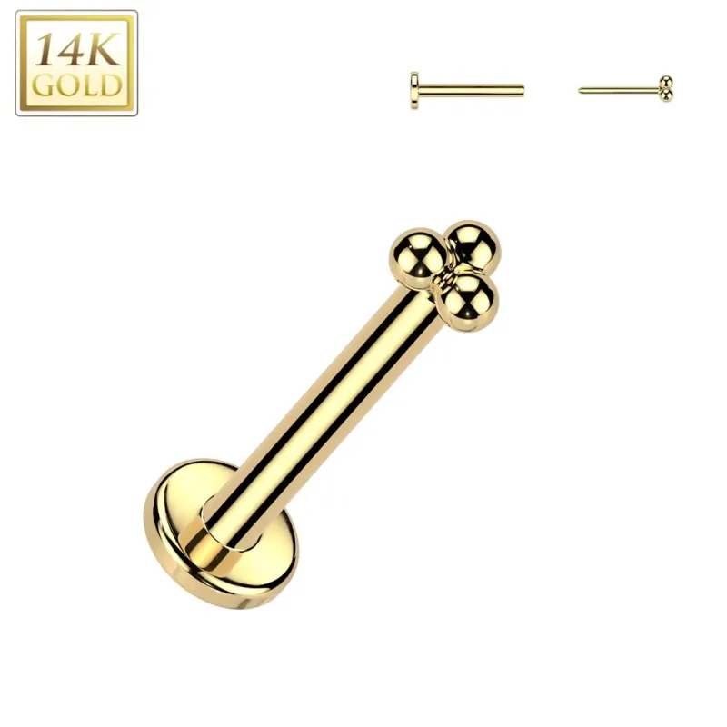 Piercing nez en or jaune 14 carats embout push-in trois billes