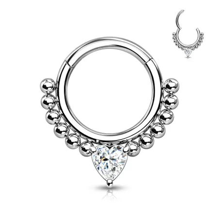 Piercing anneau clipsable oreille daith perles et coeur blanc