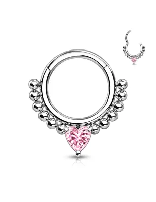 Piercing anneau clipsable oreille daith perles et coeur rose