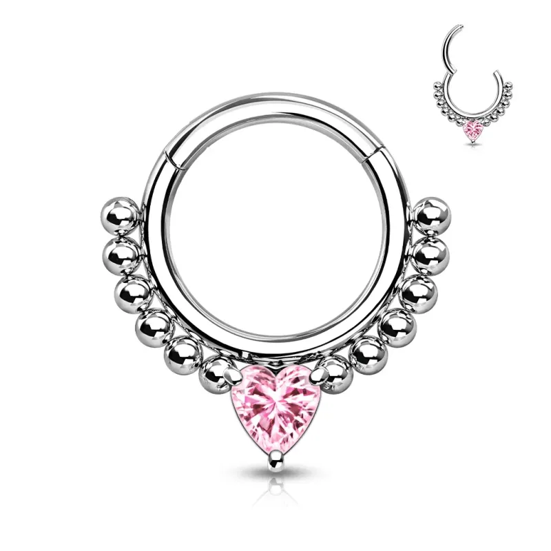 Piercing anneau clipsable oreille daith perles et coeur rose