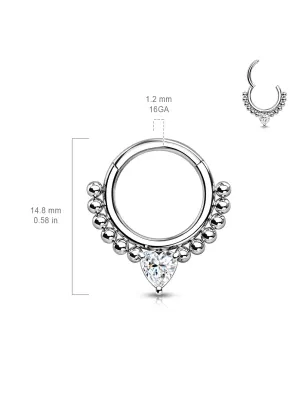 Piercing anneau clipsable oreille daith perles et coeur blanc