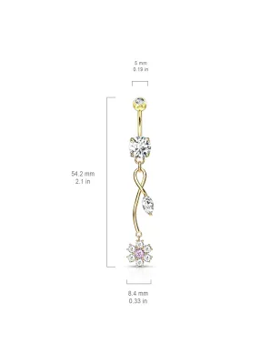 Piercing nombril plaqué or pendentif fleur de vigne zircon rose