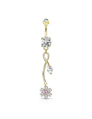 Piercing nombril plaqué or pendentif fleur de vigne zircon rose