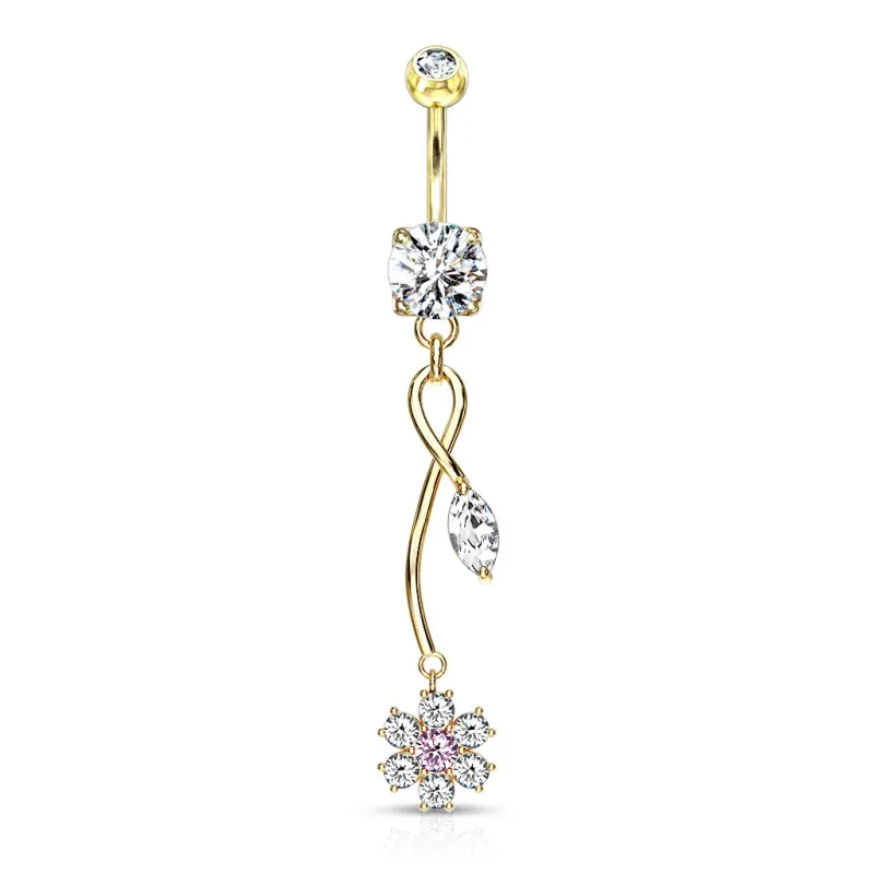 Piercing nombril plaqué or pendentif fleur de vigne zircon rose