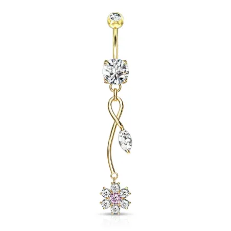 Piercing nombril plaqué or pendentif fleur de vigne zircon rose