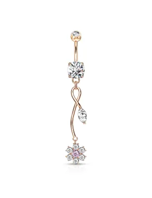 Piercing nombril plaqué or rose pendentif fleur de vigne zircon rose