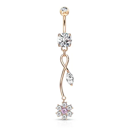 Piercing nombril plaqué or rose pendentif fleur de vigne zircon rose