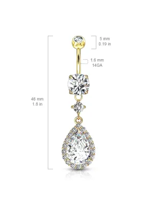 Piercing nombril plaqué or pendentif large larme zircon