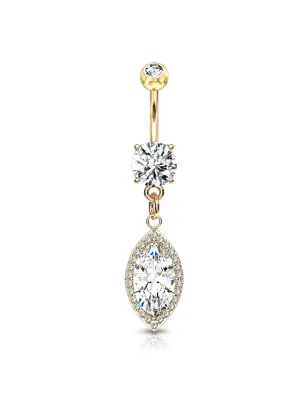 Piercing nombril plaqué or pendentif large marquise zircon