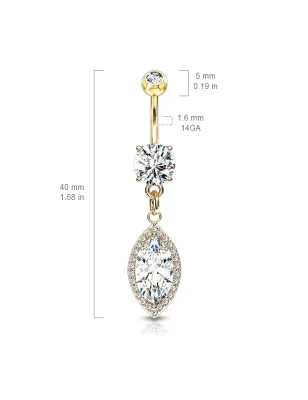 Piercing nombril plaqué or pendentif large marquise zircon