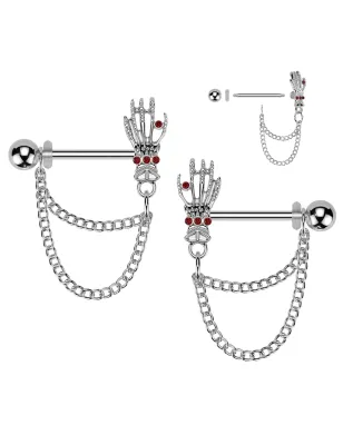 Paire de piercing pour téton chaines main de squelette