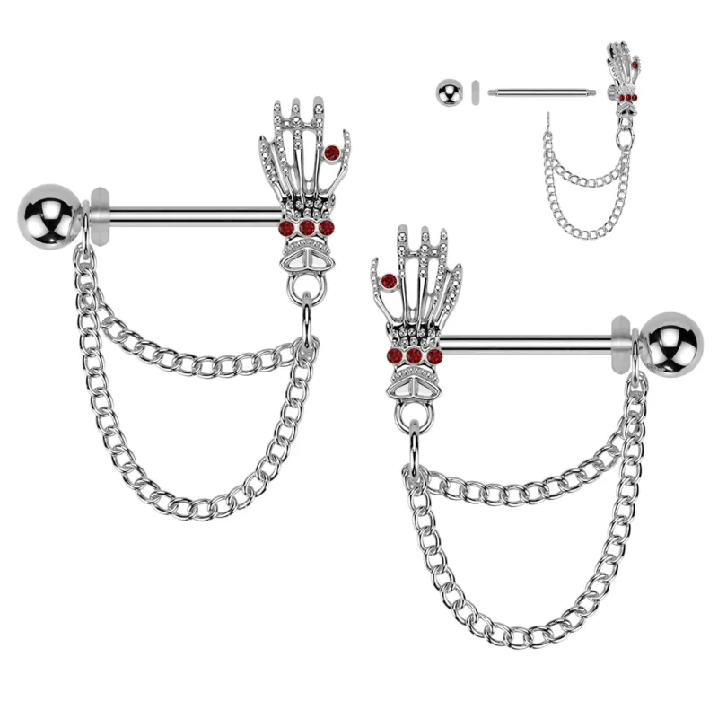 Paire de piercing pour téton chaines main de squelette