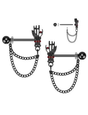 Paire de piercing pour téton chaines main de squelette noir