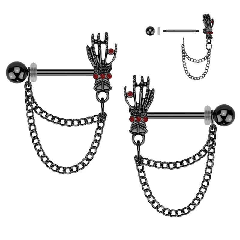 Paire de piercing pour téton chaines main de squelette noir