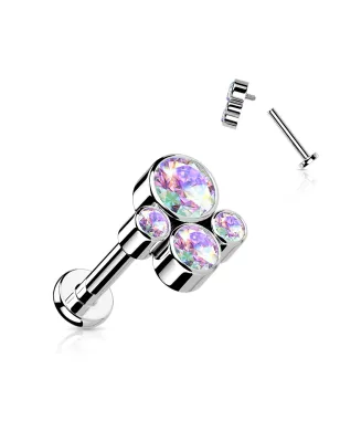 Piercing oreille labret titane cluster 4 pierres aurore boréale