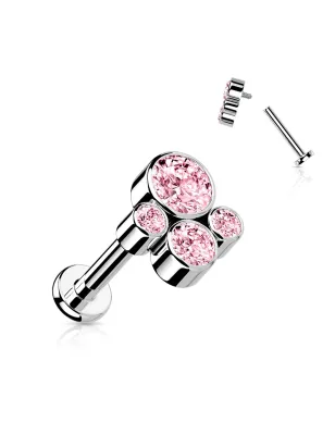 Piercing oreille labret titane cluster 4 pierres rose