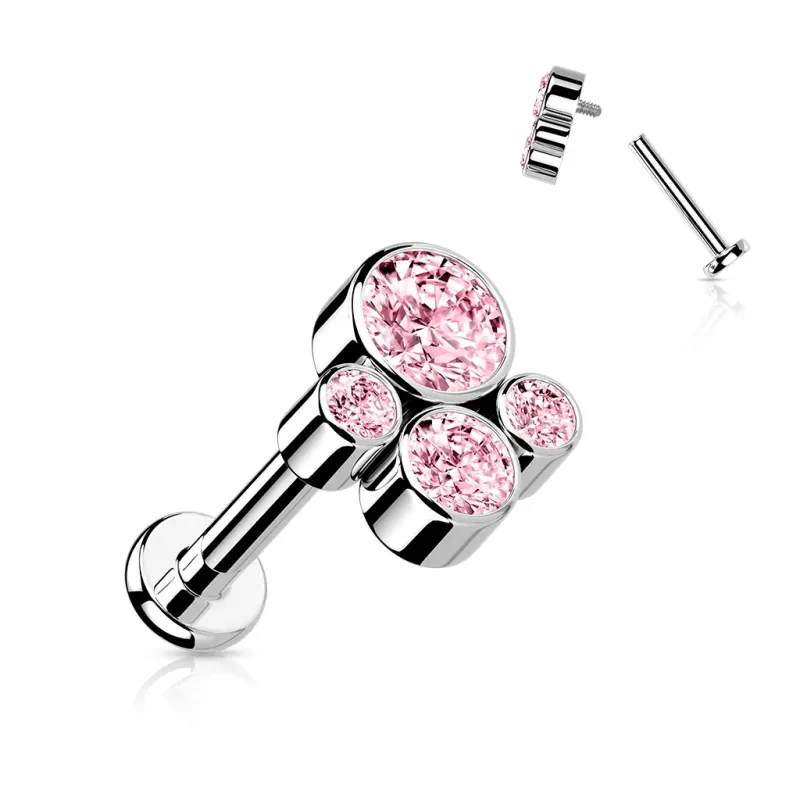 Piercing oreille labret titane cluster 4 pierres rose