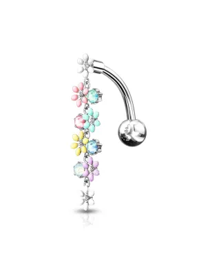 Piercing nombril inversé acier fleurs multicolores