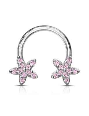 Piercing fer à cheval fleurs zircon rose (oreille, daith, septum)