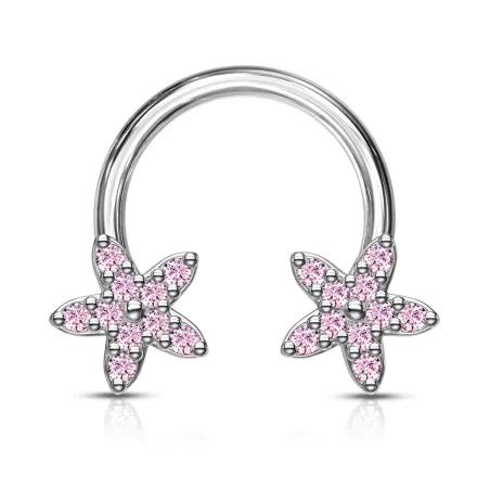 Piercing fer à cheval fleurs zircon rose (oreille, daith, septum)