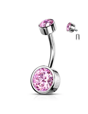 Piercing nombril double zircon rose chaton estampillé