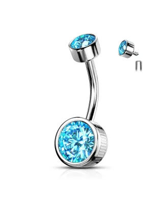 Piercing nombril double zircon turquoise chaton estampillé