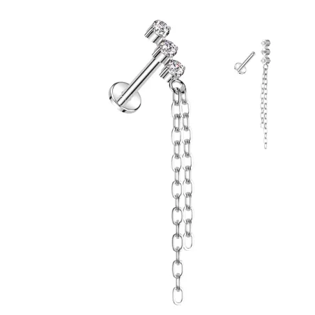 Piercing hélix titane trio zircon avec chaines