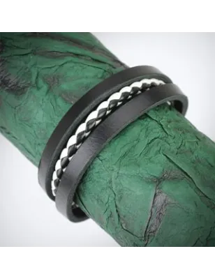 Bracelet Homme en Cuir noir Centre Tressé