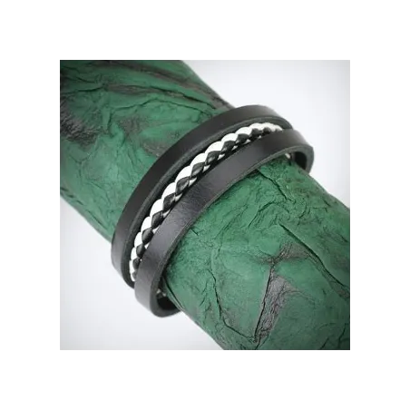 Bracelet Homme en Cuir noir Centre Tressé