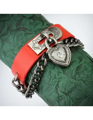 Bracelet cuir rouge cadenas coeur