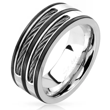 Bague homme acier cables double